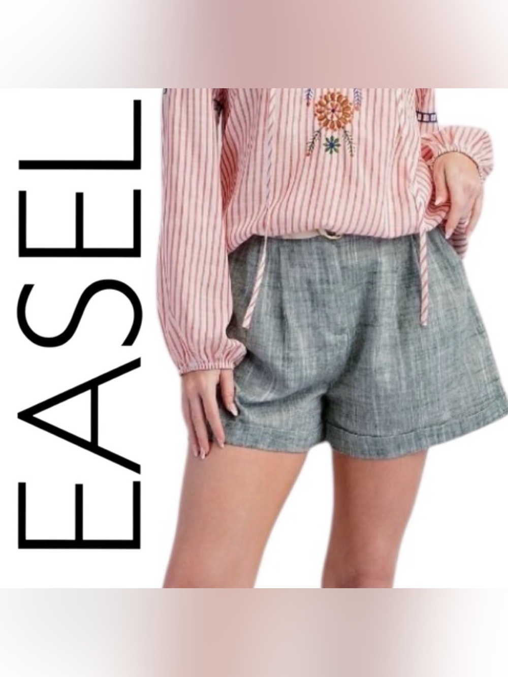 #1273  Easel Linen/cotton green shorts with belt